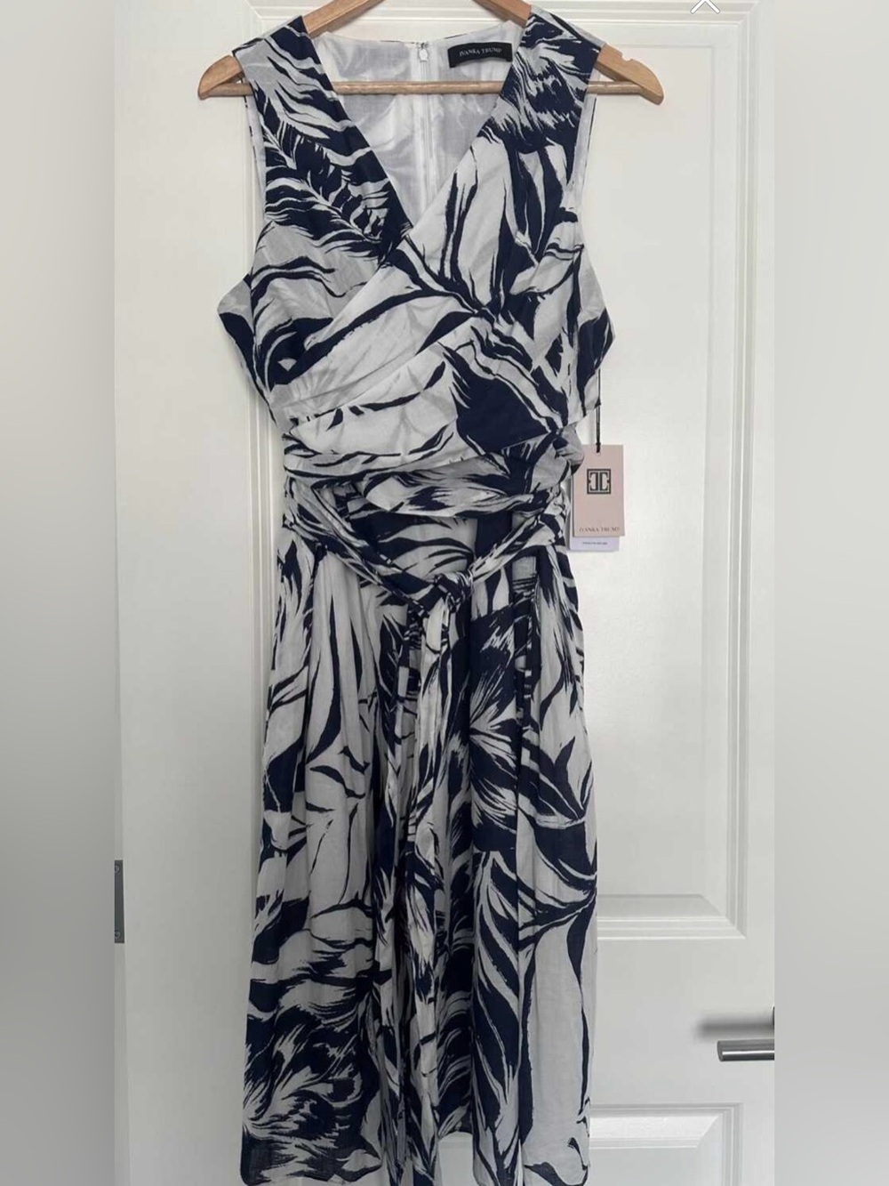 Ivanka Trump Navy and White Floral-Print Wrap Midi Dress